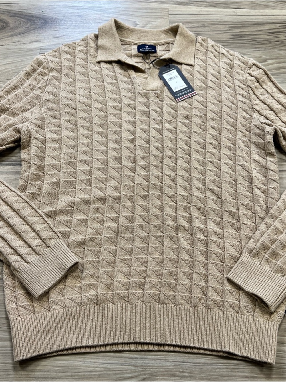 Ben Sherman Open Polo Collar Knit Sweater Camel Tan Men's Medium BS35SR214 $109